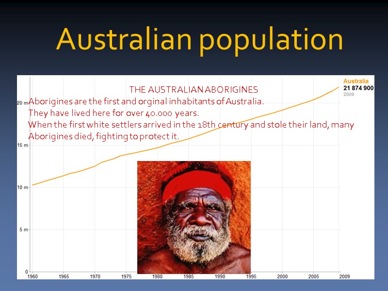 Australian population THE AUSTRALIAN ABORIGINES Aborigines are the first and orginal inhabitants of Australia.
